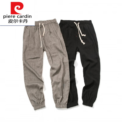 Pierre cardin 2025 summer Chinese style retro cotton linen men's casual pants for men's solid color plus fat loose linen small feet knitted gray M