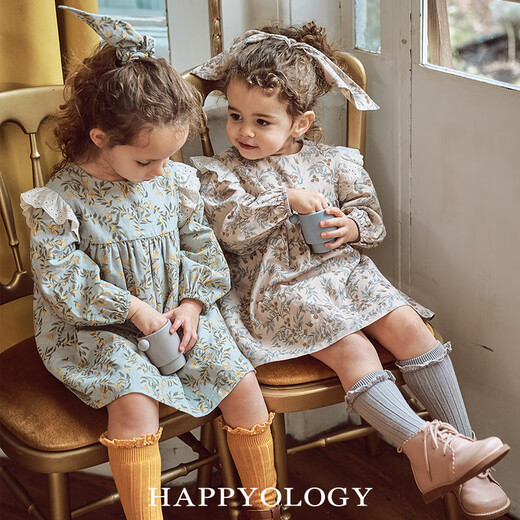 Happyology British children's new spring and summer children's clothing skirt retro long-sleeved embroidered lace girls' dress with vine walnut branches-blue gray 86 (86cm)