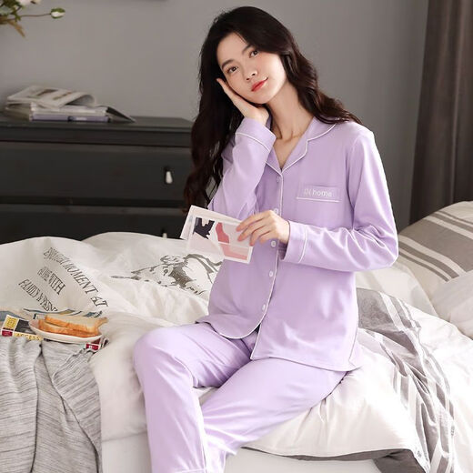 俏丽雅（qiaoliya）睡衣女春秋款纯棉长袖套装大码睡衣夏季女士可外穿家居服 纯棉翻领：9901 适合150-180斤穿 3XL