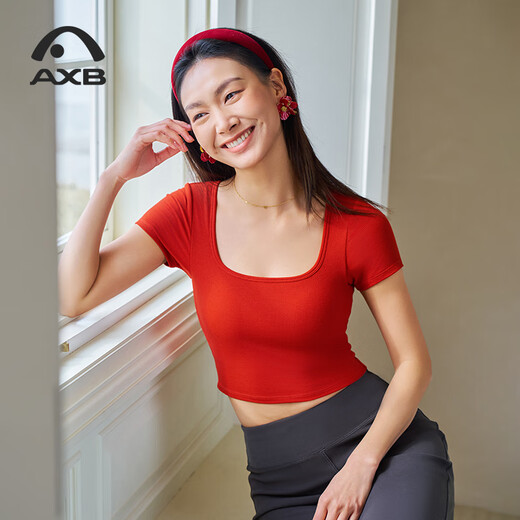 Aixiabu spring and summer new professional yoga wear women's short-sleeved brand fitness wear slimming Pilates sports top square collar A25186RTA Gaia red one-piece cup M