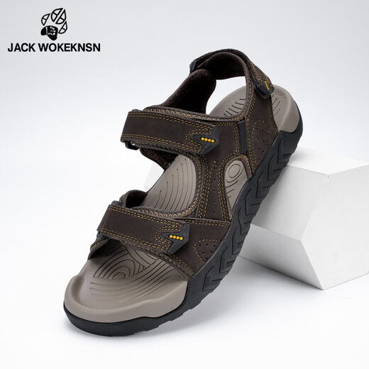 JACK WOKEKNSN Wolf Claw Cloud Sandals Men's 2025 New Summer Outerwear Anti-Slip Dad Sandals Men's Thick-soled Genuine Leather Wading Sand Dark Gray Counter Genuine 43