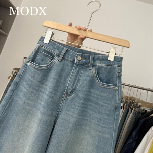 MODX3519韩版高腰复古阔腿牛仔裤女2025春季新款四面弹显瘦直筒九分裤 蓝色 S