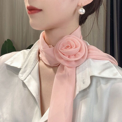 慕枫晴纯色玫瑰花朵薄丝巾气质时尚百搭女春秋网红洋气女士夏季in 米白色领花