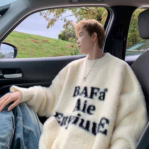 Shelley Jones' new round neck sweater for autumn and winter, men's trendy loose inner sweater for men's sweater for young men's pullover, handsome sweater milky white XL [Recommended 120-140Jin [Jin equals 0.5 kg]]