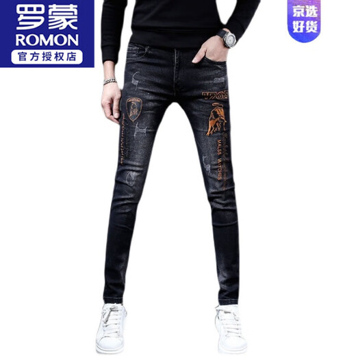 
ROMON European station embroidered jeans men's trend spring and autumn new slim elastic small feet casual straight men's pants black 6622 calves 31
