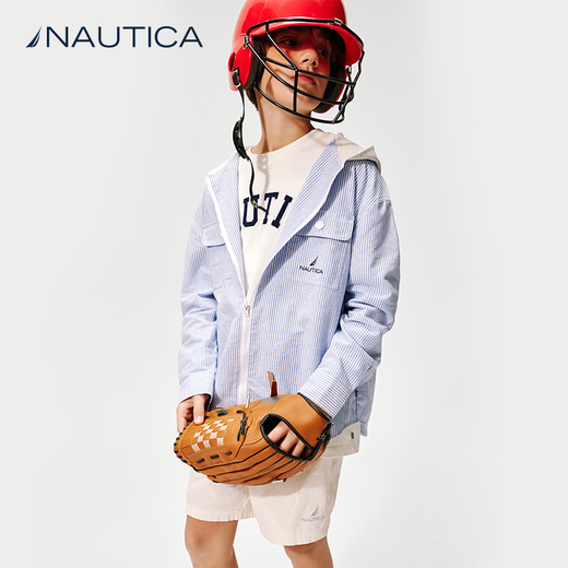 NAUTICA children's clothing boys and girls thin coat spring and autumn spliced hooded vertical striped shirt big children's clothes blue strip 170
