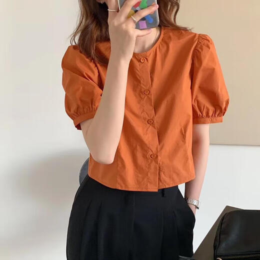 
Her style 3878 people collect casual short-sleeved shirts for women in 2025 spring and summer new retro niche short orange shirt method orange shirt S