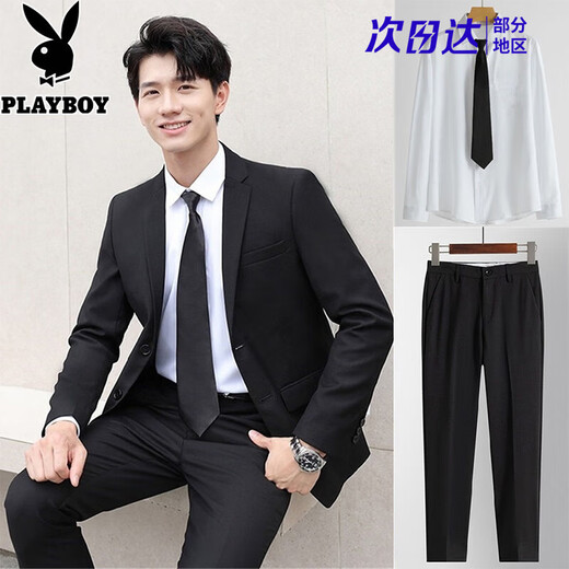 Playboy Suit Men's Korean Slim Top Jacket Groomsmen Wedding Business Professional Formal Small Suit Men Two-button Black Top + Shirt + Tie + Tailor-made Pants 2XL