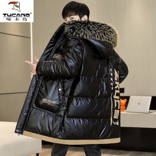 Woodpecker (TUCANO) mid-length shiny cotton coat for men 2025 new winter down jacket thickened jacket trendy overcoat black L recommended 100-120 Jin Jin equals 0.5 kg
