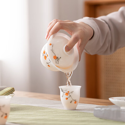 SUSHI CERAMICS ice jade porcelain tea bowl hand-painted underglaze colored persimmon persimmon Ruyi Sancai covered bowl two teacups tea set gift box