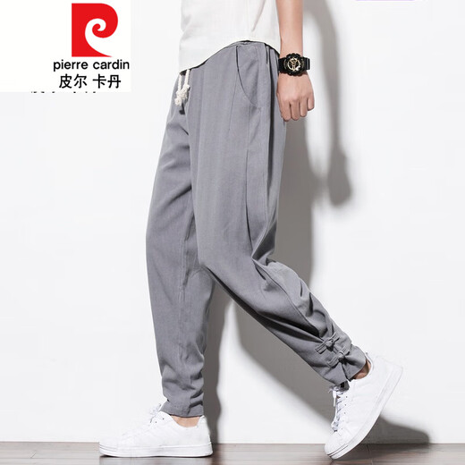 皮尔卡丹 中国风亚麻男裤子春夏季宽松大码男装唐装棉麻哈伦裤束脚灯笼裤 酒红色 M