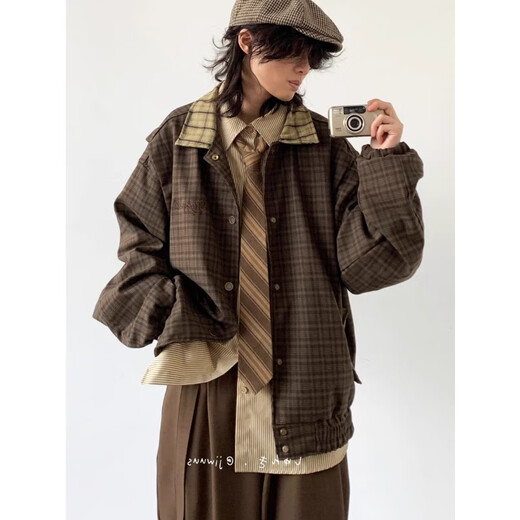 POUM Men's Co-branded Couple Plaid Jacket Men's New Japanese Retro College Style Loose Trendy Brand Youth Jacket Men NFJQ-W91 Coffee XL