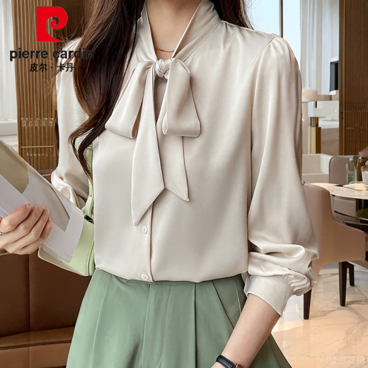 皮尔卡丹（pierre cardin）杭州真丝衬衫女长袖春装新款法式蝴蝶结衬衣感抗皱桑蚕丝上衣 蓝色9276款 L :105-115斤