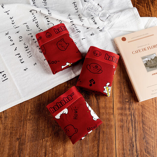 Caileikei 2694 people collected Yuanbao cute snake year animal year men's pure cotton underwear four corners summer boys red (kitten red + bear red + piglet red) 3 pieces L (recommended weight 80-105 Jin Jin is equal to 0.5 kg)