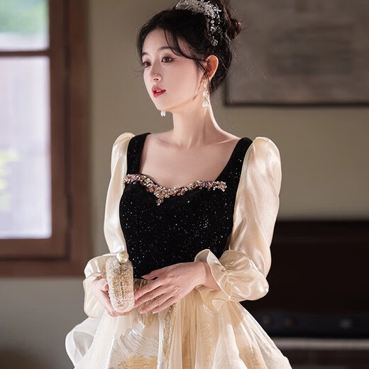 Li Baixin French Annual Party Evening Dress for Women 2025 New High-end Temperament Long-sleeved Princess Vocal Art Exam Dress Black 3XL Recommended 130-135 Jin Jin equals 0.5 kg