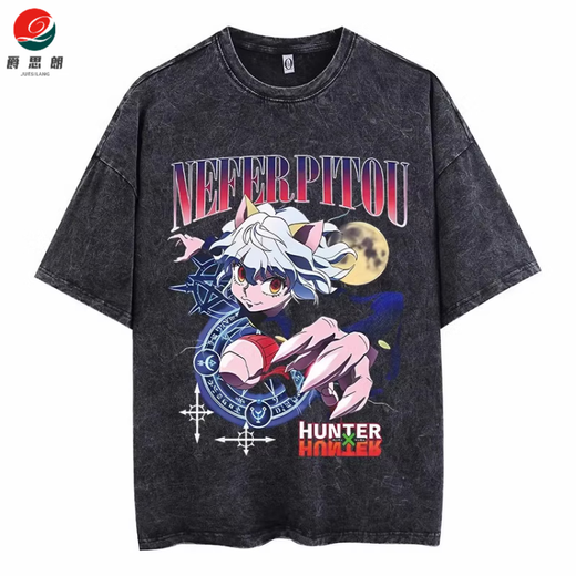 Jueslang animation full-time hunter hunter x hunter retro old summer cotton washing short-sleeved T-shirt for men and women washing black B1278 XL