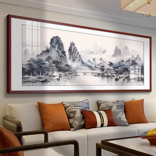 Linyu living room hanging painting landscape landscape painting new Chinese style sofa background wall decoration painting tea room office mural ink water flow to make money - B style 120*50cm teak color solid wood frame glossy crystal porcelain style