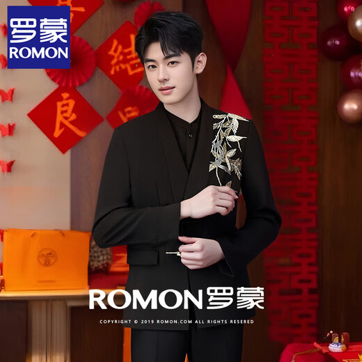 ROMON New Chinese Style Disc Button Embroidered Engagement Dress Men's Chinese Style Chinese tunic Tang Suit Men's Wedding Loose Casual Suit Black Jade Suit + Straight Pants L (146Jin Jin is equal to 0.5kg -164Jin Jin is equal to 0.5kg)