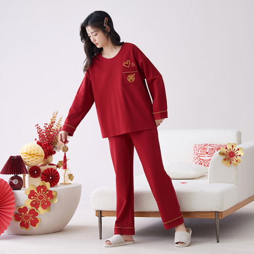 猫人蛇年睡衣女士春秋季纯棉长袖100%全棉家居服冬红色本命年V领套装 9227 2XL ( 建议体重130-160斤）
