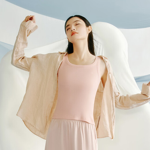 Three Guns 2-piece Women's Vest Pure Cotton Rib Breathable Slim Cotton No Side Seams Inner Can Be Weared Outside Sling Bottoming Shirt Light Beige + Leather Pink XL