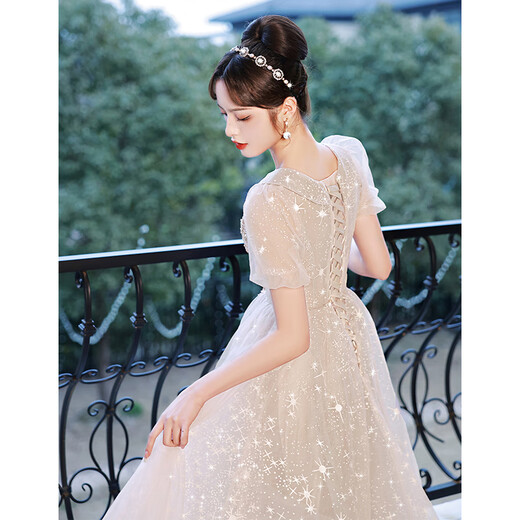 Zhufan high school student adult dress female champagne color evening dress light luxury niche high-end 2025 new host art test style A mid-length XS