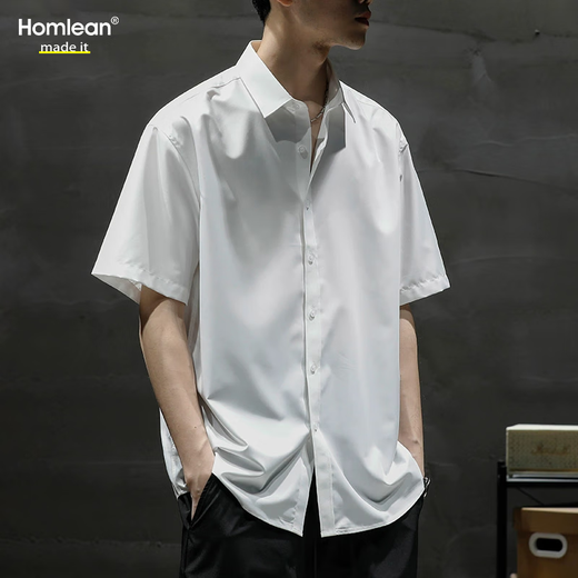 Homlean日系文艺短袖衬衫男春夏季纯色基础款凉感半袖衫HL12黑色XL