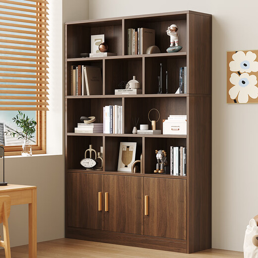 KULIN solid wood bookshelf bookcase floor-standing wall storage rack home living room with door 1.8 meters cabinet dark walnut color 100cm