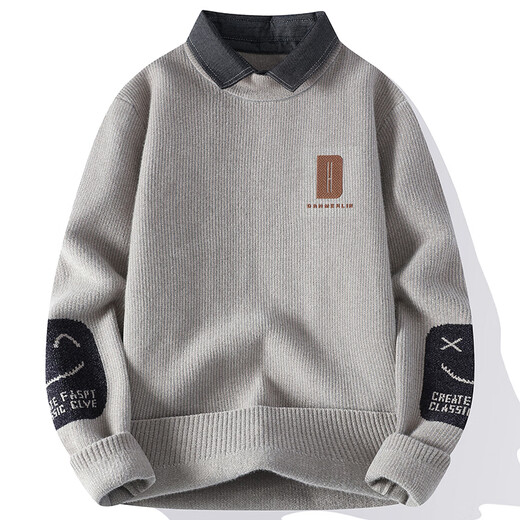 Long Taozi shirt collar sweater men's autumn and winter plus velvet thickened fake two-piece sweater for men loose casual inner wool M9901 Khaki 2XL