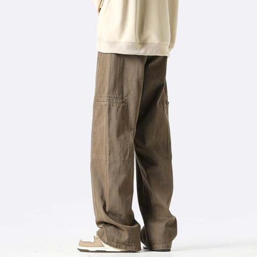 Homlean American jeans men's autumn niche fashion brand street loose casual workwear long pants LB03 coffee color XL