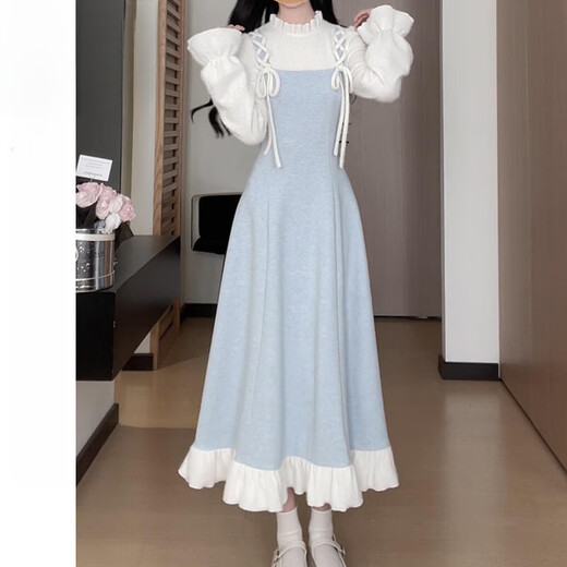 Emai Matsumoto fungus fake two-piece knitted dress for women spring new inner bottoming long skirt spring mourning long dress M 95-105Jin Jin is equal to 0.5 kg