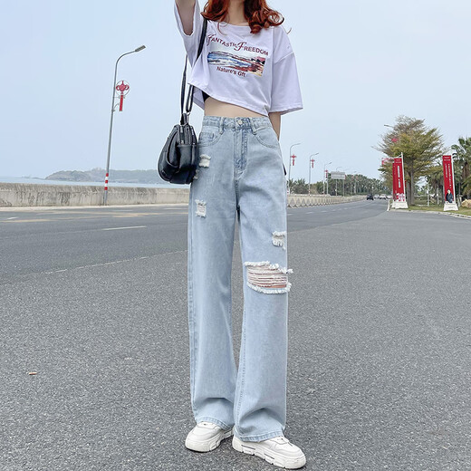网红破洞牛仔裤女2025春秋新款高腰显瘦垂感阔腿拖地裤ins潮夏装 浅蓝色现货【687款长裤】 XL