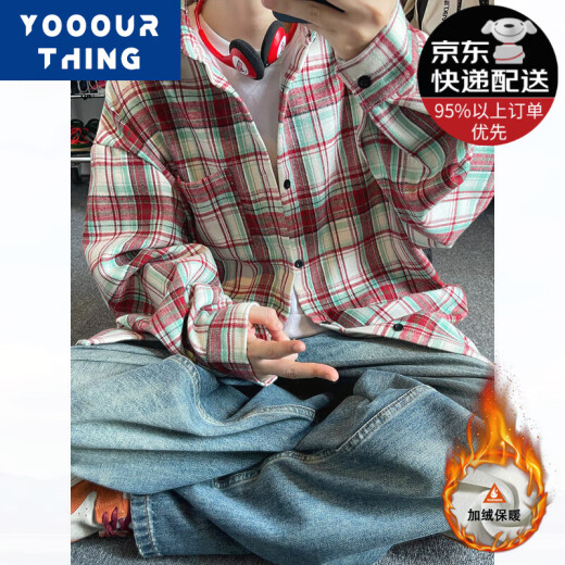 YOOOURTHING美式复古格子衬衫男长袖春秋冬加绒加厚宽松情侣百搭休闲衬衣外套 CJ9734-橙色 加绒 2XL (建议140-160斤)