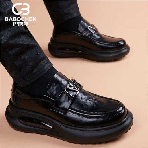 BABOCHEN 2025 new business leather shoes men's thick-soled versatile first-layer cowhide trendy slip-on air cushion formal casual leather shoes black 38