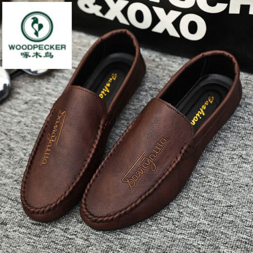 
Woodpecker men's love bean shoes for men to work 2025 spring and summer new soft leather wedding groom leather British casual shoes D838 brown 39
