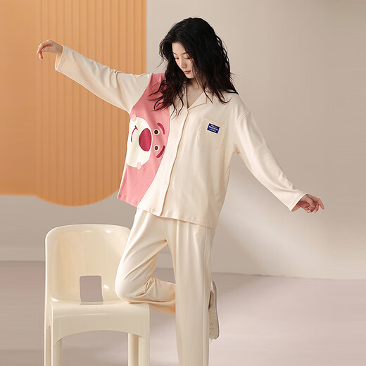 LangSha Couple Pajamas Women's Spring and Autumn Pure Cotton Long-Sleeved Cardigan Can Be Weared Out Autumn Cute Cartoon Home Clothing Men's Suit 8026 Couple M Female + XL Male