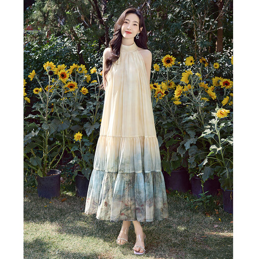 Silk Cypress House [mismo modelo en celebridades] Falda de cabestro de línea A 2025 Summer nuevo Vestido impreso de manchas para mujeres