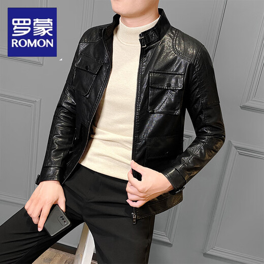 ROMON Men's Leather Jacket Pu Leather Motorcycle Jacket Spring and Autumn 2025 New Men's Top Spring Handsome Men's Black Velvet 2XL Recommended 150Jin Jin is equal to within 0.5kg