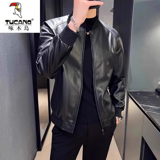Woodpecker 2025 Spring and Automne New Stand Collar en cuir Veste pour hommes Slim et belle veste en cuir PU Pu Men's Veste 6601 Black M [100-120Jin [Jin est égal à 0,5 kg]]]
