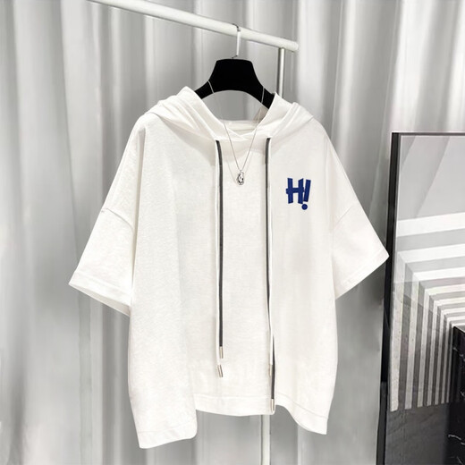 Yushida Hong Kong-Stil mit Kapuze mit Kurzärärmelanzug Herren Sommer Trendy Printed T-Shirt Handsome Ganze passende weiße T5019 + Black K9215 S Geeignet (85-105jin [Jin gleich 0,5 kg]))