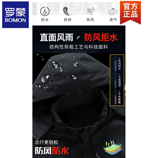 ROMON (ROMON) 2025 new windproof and waterproof jacket men's hood-removable top outdoor casual jacket sports jacket 6628 [Black] 2XL [140-155Jin [Jin equals 0.5 kg]]