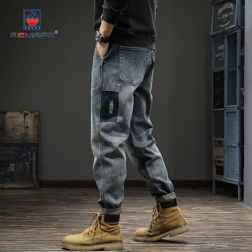 AEMAPE jeans men's summer fashion brand washing and old embroidered loose straight pants American retro Harunt trousers retro blue 28 suitable weight 90-110Jin [Jin equals 0.5 kg]