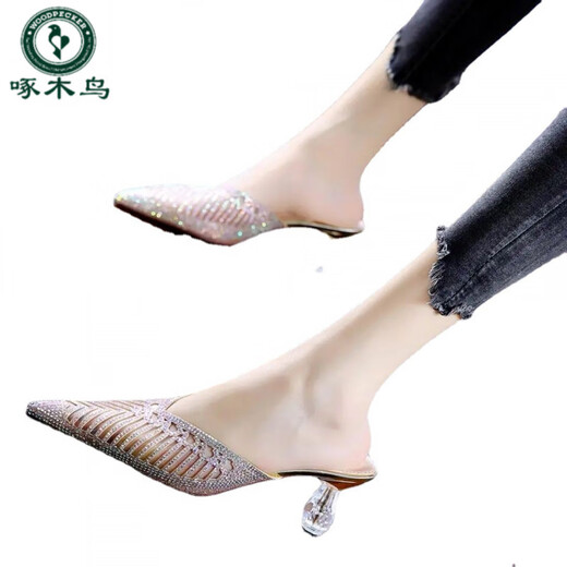 Woodpecker 2025 Été Nouveau Mesh Rignestones Toe à moitié pantoufles pour les femmes Fashion Wear Chaussures de femmes