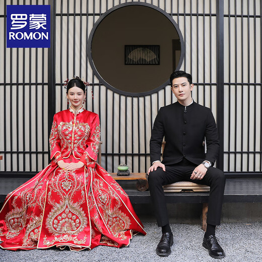 罗蒙（ROMON）新中式立领中山装西服套装男士国风新郎结婚订婚礼服西服修身西装 黑色（西装+衬衫+西裤） 2XL /54【135-150斤穿】