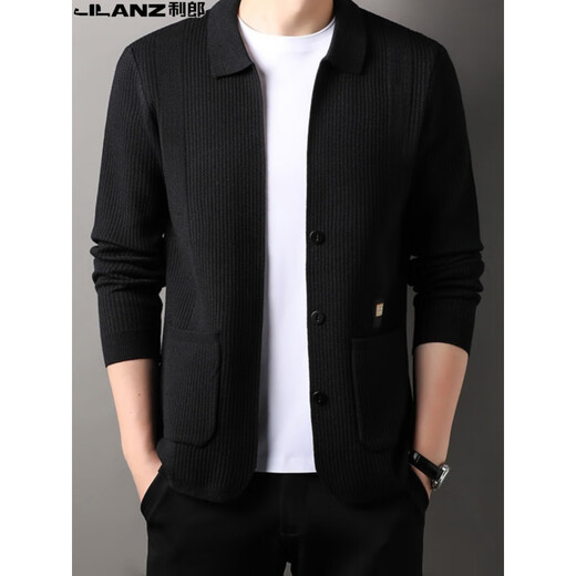 Lilang men's wool knitted cardigan for middle-aged and young autumn and winter fashion casual men's lapel cardigan jacket trendy black [8625] M 165 [120Jin [Jin equals 0.5 kg] below]