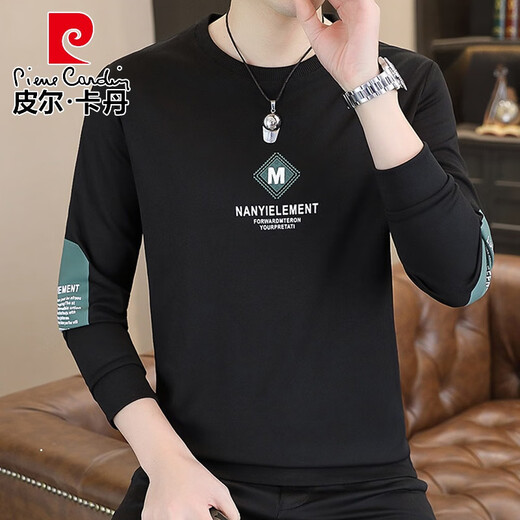 皮尔卡丹男士卫衣秋冬季加绒白色春秋衣长袖T恤潮牌春秋装打底衫春秋季衣 9905春秋 白色 薄款 XL 【建议125-140斤】