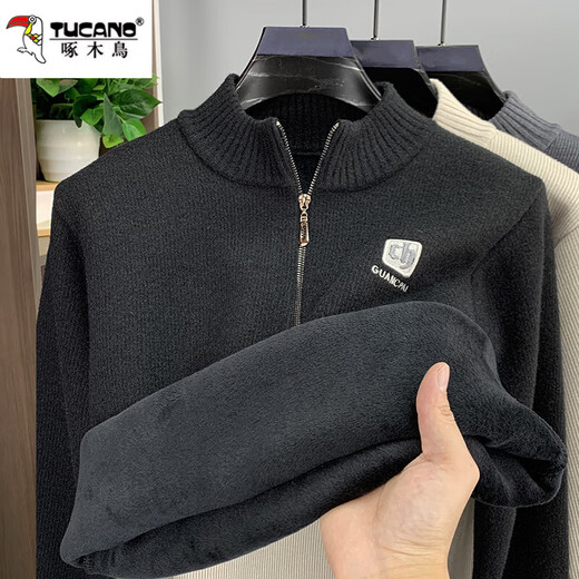 Woodpecker all-in-one velvet zipper half turtleneck men's sweater plus velvet thickened warm men's winter 2025 new thermal top beige plus velvet XL