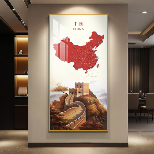 画之楼中国地图玄关装饰画入户门挂画客厅走廊过道办公室背景墙壁画挂画 万里长城X15053黑色边框 80*160cm-推荐宽1.0-1.2米墙面