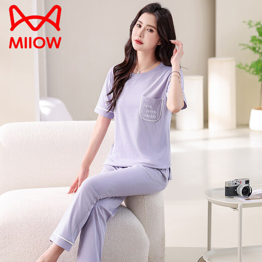 猫人（MiiOW）睡衣女夏季薄款2025年新款纯棉短袖长裤家居服套装夏天全棉可外穿 7374豆绿 L 100-120斤