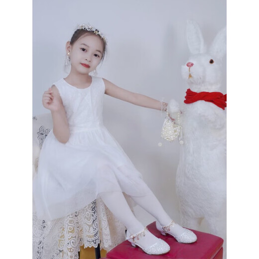Ye Yu children's high heels student version little girl performance white silver princess shoes girl host with dress crystal shoes white 23 cm inner length 37 size