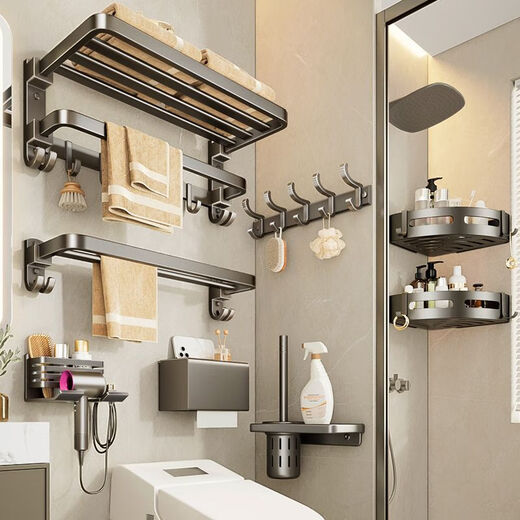 Qinkai Bathroom Towel Rack Bathroom No Punch Bathroom Towel Storage Rack Bathroom Toilet Wall-mounted Space Aluminum Storage Rack Thick Thickened 9 Hook Two-piece Set 9889 [Bath towel rack + wool Thickened Space Aluminum [gun ash]